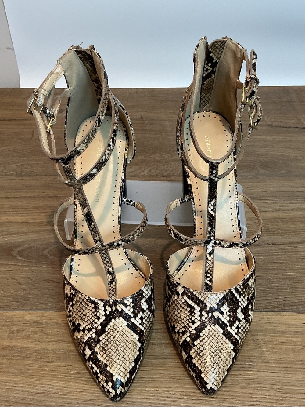 Adrienne Vittadini Snake-Print Strappy Pointed-Toe Heels, size 10M